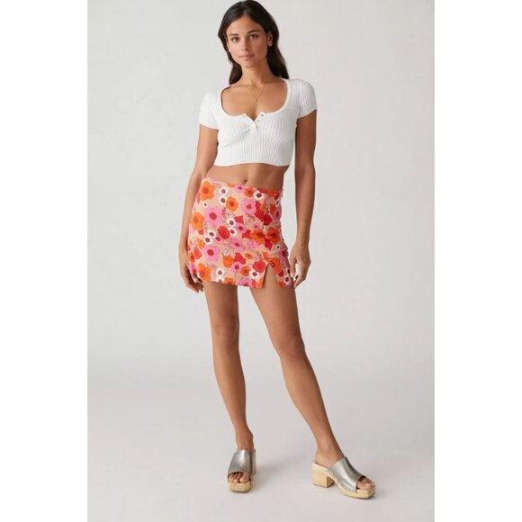 Urban Outfitters Rosie Notched Floral Pelmet Mini Skirt Linen Blend Size S - Picture 5 of 14